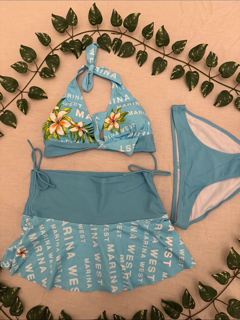 MARINA Light Blue Floral Halter Bikini Set with Skirt